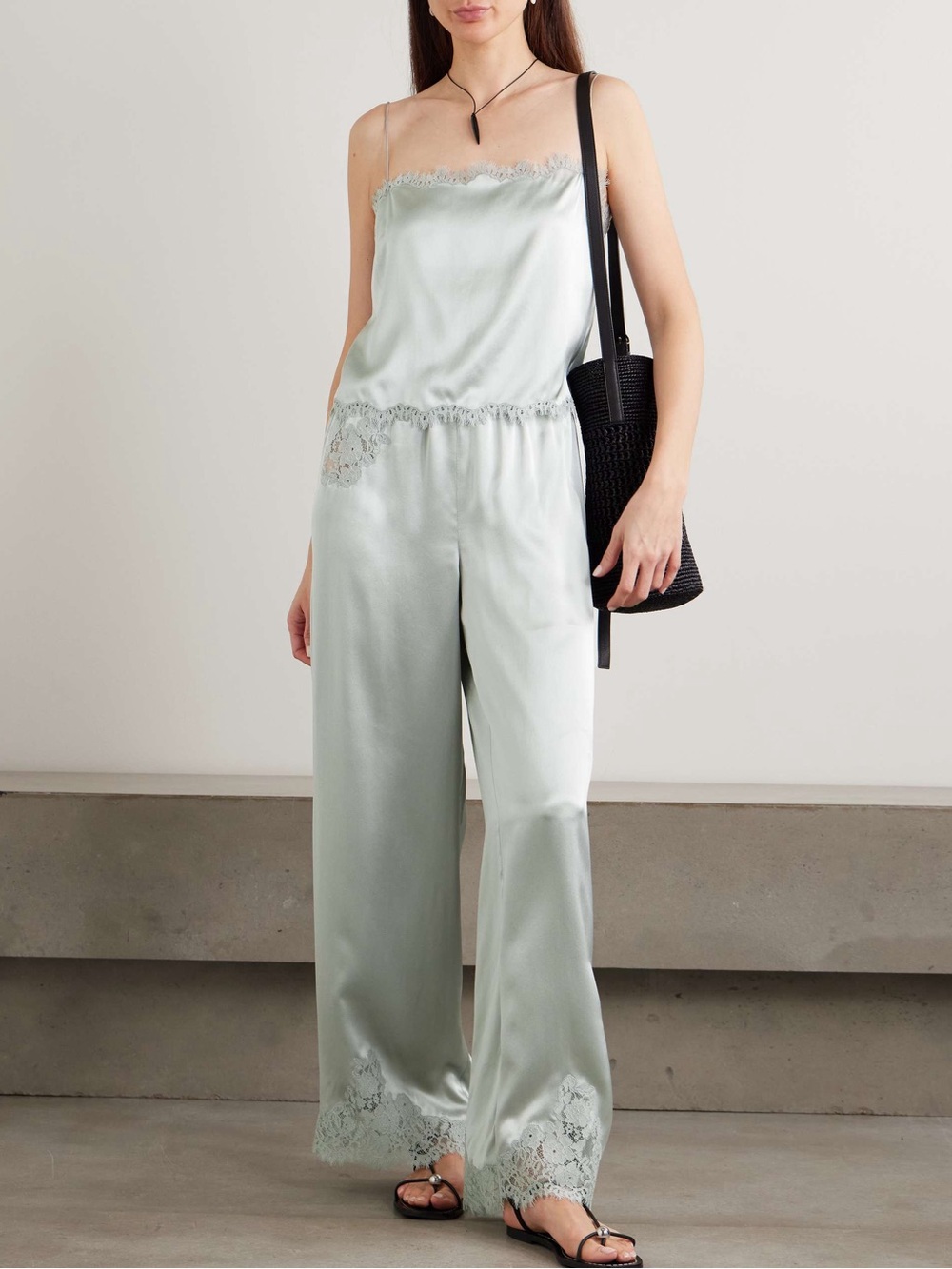 NWOT DÔEN Lavon lace-trimmed silk-satin wide-leg pants in eucalyptus